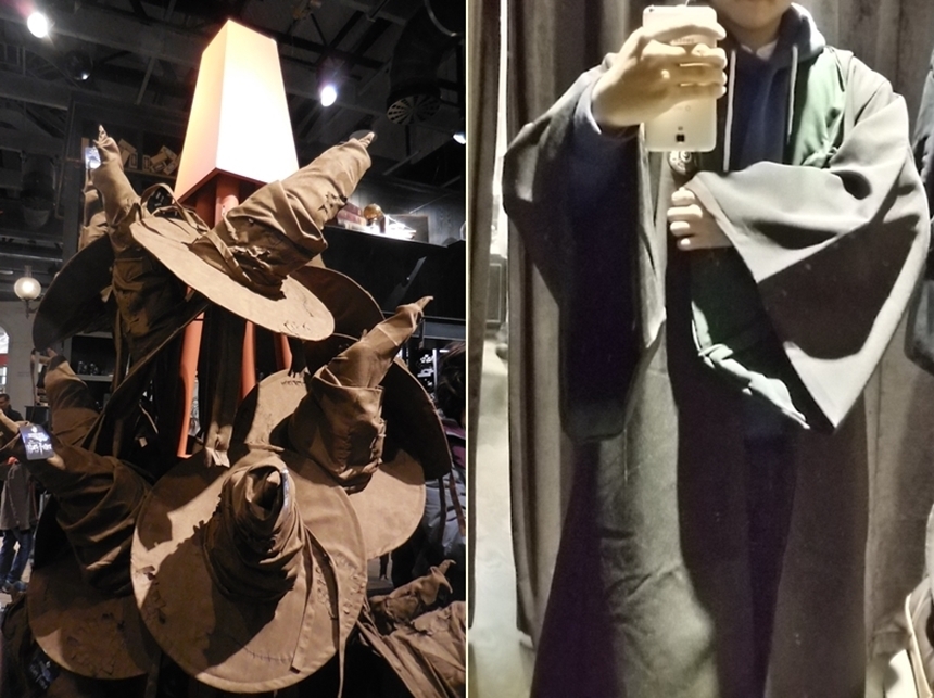 호그와트 마법의 모자(왼쪽)와 기자가 구매를 끝까지 고민했던 호그와트 망토 제품(오른쪽).