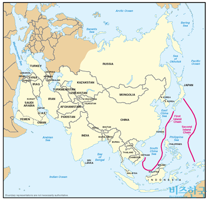 중국어로 따오련으로 불리는 도련은 지난 1982년 중국해군사령관인 류화칭이 설정한 해상 방어선으로, 태평양의 섬을 사슬처럼 이은 가상의 선으로 중국 해군의 작전 반경을 뜻한다. 사진=미 국방부