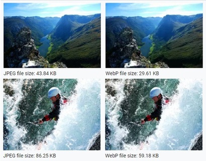 JPEG​와 WebP 이미지 샘플 파일. 육안으로 보는 화질은 비슷하지만 용량은 WebP가 35~40% 적다. 사진=구글 WebP 홈페이지