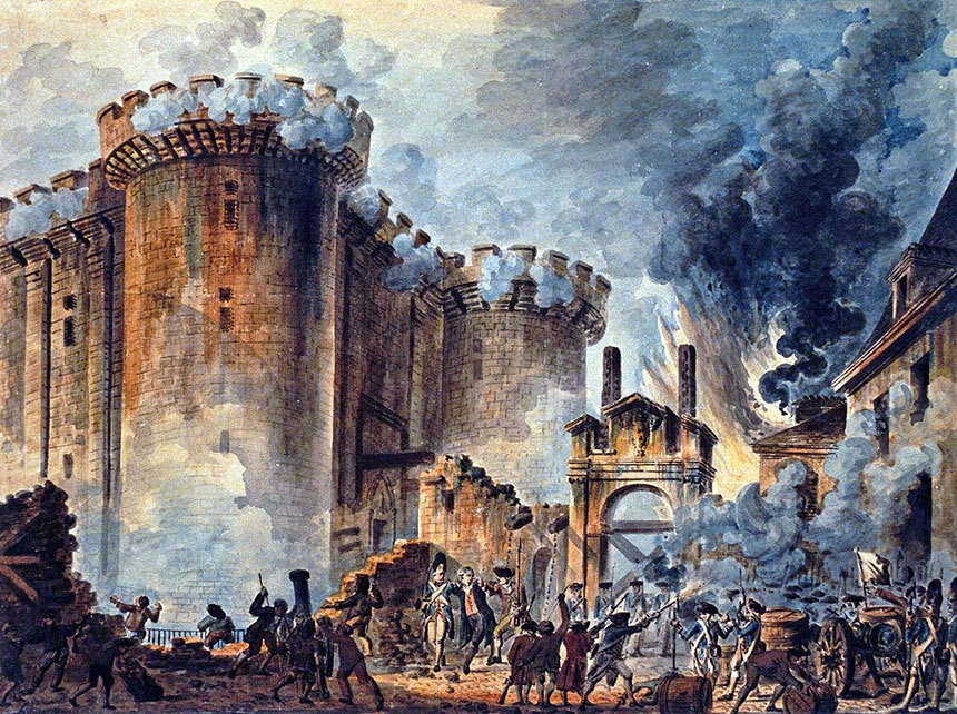 1789년 7월 14일, 바스티유 감옥 습격으로 프랑스혁명이 시작되었다. 그림은 장피에르 루이 로랑 위엘이 그린 ‘바스티유 습격’.