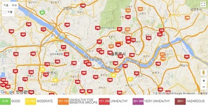 3월 27일 오전 9시 서울 지역 AQI 수치. 빨간색으로 표시(나쁨)된 지역이 대다수인 것을 알 수 있다. 사진=에어비주얼 캡처