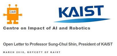 지난 4일 세계의 저명한 AI(인공지능) 학자들이 ‘전쟁살상무기’를 연구한다는 KAIST(카이스트‧한국과학기술원)를 비난하며 ‘앞으로 KAIST와는 어떠한 협력도 않겠다’는 공개서한을 보냈다. 사진=CIAIR 캡처 및 KAIST 로고 합성