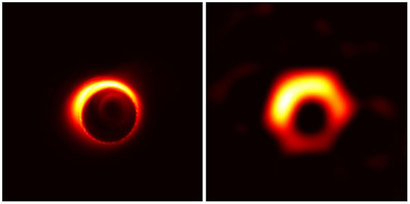 EHT가 관측한 M87 은하 중심의 초거대질량 블랙홀의 모습을 구현한 시뮬레이션 결과. 곧 공개될 블랙홀 괴물의 첫 용안은 이 모습에 가까울 것이다. 이미지=Jason Dexter(왼쪽), Kazunori Akiyama(오른쪽)