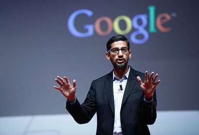 구글의 CEO(최고경영자) 순다 피차이가 ‘Google Cloud Next 19’ 이벤트에서 발표하고 있다.