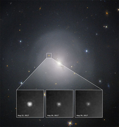 2017년 포착한 중력파가 날아왔던 곳은 사진 속의 은하 NGC 4993. LIGO에서 중력파를 검출한 후 약 6일 이 지나고 이 곳의 두 중성자별이 충돌하면서 만든 킬로노바 (kilonova) 현상을 관측했다. 자료=NASA, ESA; acknowledgment: A. Levan (U. Warwick), N. Tanvir (U. Leicester), and A. Fruchter and O. Fox (STScI)