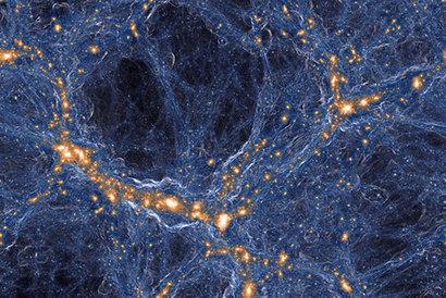 이 컴퓨터 시뮬레이션에서 노란 밝은 점으로 표현된 것이 은하다. 은하들이 상대적으로 적은 짙은 파란색으로 표현된 텅 빈 공간이 바로 우주 거대 구조에서 볼 수 있는 보이드다. 자료=TNG collaboration