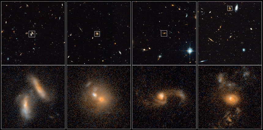 2004년에서 2005년 사이 허블 우주망원경으로 관측한 다양한 단계를 겪고 있는 충돌 중인 은하 커플들의 모습. 위쪽 줄은 AEGIS 관측 프로젝트로 촬영한 장면이며 아래쪽 줄은 충돌 중인 은하들의 현장을 확대해서 보여주고 있는 허블 우주 망원경 사진이다. 사진=NASA; ESA; J. Lotz, STScI; M. Davis, University of California, Berkeley; and A. Koekemoer, STScI)