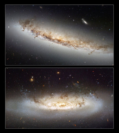 뚜렷하게 램 압력 스트리핑을 겪고 있는 두 은하 NGC 4522와 NGC 4402를 허블 우주 망원경으로 촬영한 사진. 두 은하 모두 시속 1000만 km가 넘는 빠른 속도로 은하단 속을 헤엄치고 있다. 은하의 원반에서 수직으로 흘러나오는 먼지 가스 구름들의 흔적을 볼 수 있다. 이러한 램 압력 스트리핑을 통해 은하들은 서서히 먼지와 가스를 잃는다. 한편 은하단 내 ICM과 직접 충돌하는 앞쪽에서는 아직 남아 있는 가스 물질이 반죽되면서 새로운 성단이 만들어지는 모습도 볼 수 있다. 사진=NASA·ESA