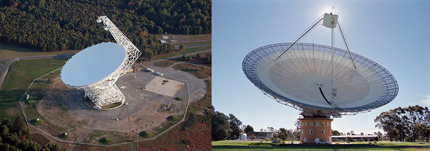 브레이크스루 리슨의 첫 번째 관측 데이터는 지름 100미터의 그린 뱅크 망원경 (Green Bank Telescope)과 지름 64 미터의 파크스 망원경을 사용했다. 사진=NRAO/AUI/NSF John Sarkissian