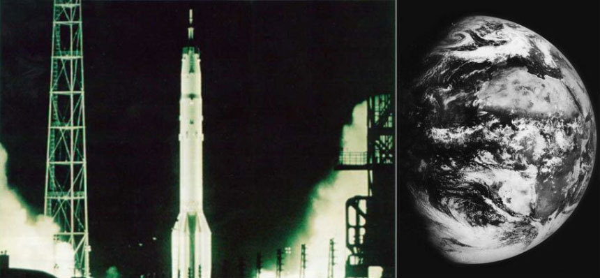 카자흐스탄 바이코누르 발사기지에서 존드 5 탐사선을 싣고 발사되는 로켓(왼쪽)과 존드 5 탐사선이 약 9만 km 거리에서 바라본 지구의 모습(오른쪽). 탐사선 안에 타고 있던 거북도 이런 지구를 바라볼 수 있었을까? 사진=RKK Energiya