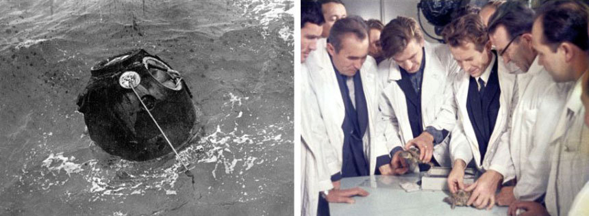 지구로 귀환하고 인도양 바다에 떨어진 존드 5의 캡슐(왼쪽)과 달을 여행하고 돌아온 거북 두 마리를 테스트하는 소련의 과학자들(오른쪽). 사진=RKK Energiya