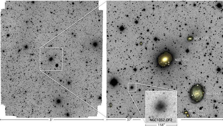 2018년 천문학자들은 왜소은하치곤 암흑물질이 현저히 적은 ‘말도 안 되는’ 왜소은하 NGC 1052-DF2를 발견했다고 발표했다. 당시 관측에 따르면 일반적인 왜소은하에 비해 이 은하는 거의 400배 가까이 암흑물질이 적은 것으로 추정되었다. 하지만 이후의 추가 관측을 통해 실제로는 좀 더 많은 암흑물질이 있는 것으로 재확인되었다. 하지만 여전히 다른 일반적인 왜소은하에 비해서는 암흑물질이 적은 편에 속한다. 이미지=P. Van Dokkum et al. Nature vol.555 pp 629-632