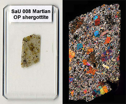 이번에 화성으로 함께 가는 운석 SaU 008의 샘플(왼쪽)과 편광 현미경으로 확인한 광물들의 모습(오른쪽). 사진=NASA