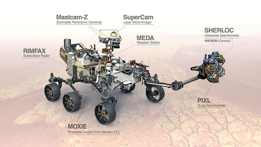 퍼시비어런스 탐사 로버. 앞서 먼저 화성에 착륙했던 큐리오시티 선배 로봇과 외관이 거의 비슷하다. 사진=NASA/JPL