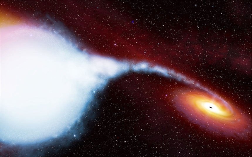 이 별은 밀도 높은 블랙홀 또는 중성자별과 함께 육중한 별이 짝을 이루고 있는 쌍성이다. 그리고 이 쌍성계 곁에 또 다른 외계행성 하나가 맴돌고 있는 것으로 추정된다. 사진=NASA/ESA