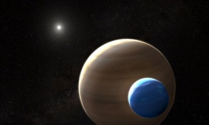 외계 행성 케플러-1625b와 그 곁의 외계 위성 케플러-1625b-i를 그린 상상도. 이미지=NASA/ESA/L. Hustak(STScI)