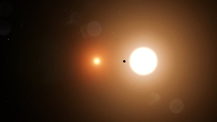 쌍성 주변을 맴도는 행성을 트랜짓 방식으로 발견하고자 한다면 두 별이 함께 서로를 가리면서 변화하는 복잡한 밝기 변화 패턴 속에서 행성에 의한 밝기 감소 현상을 잡아낼 수 있어야 한다. 사진=NASA