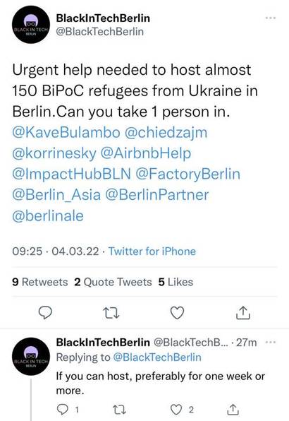 베를린 테크업계의 흑인 그룹 ‘블랙 인 테크’는 150명의 유색인종 난민의 숙소를 마련하기 위해 캠페인을 벌이고 있다. 사진=블랙 인 테크 트위터