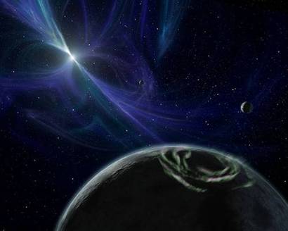 펄사 곁을 맴도는 외계행성의 상상도. 중심 펄사에 의한 강력한 자기장과의 상호작용으로 인해 선명한 오로라가 만들어졌다. 이미지=Wikimedia commons/NASA