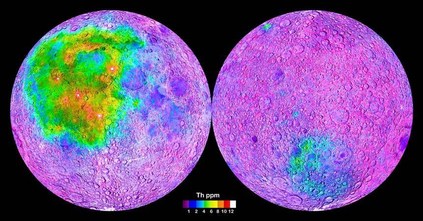 달 표면의 토륨 성분 분포 지도. 사진=NASA