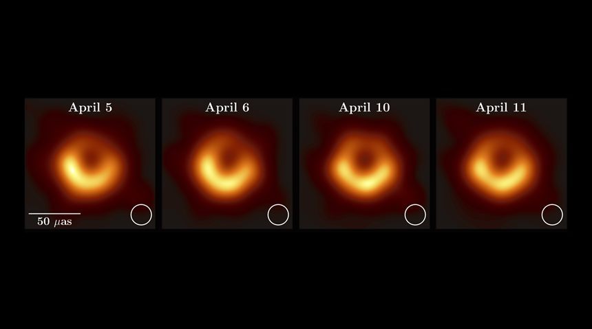 블랙홀 주변 광자 고리가 빠르게 맴돌면서 그 모습이 수시로 변화한다. 이미지=ESO/EHT