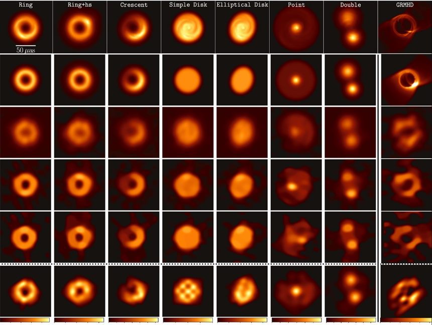 다양한 모습의 초거대질량 블랙홀을 시뮬레이션한 결과. 관측 자료가 더 많이 확보된다면 이런 다양한 모습으로 요동치는 블랙홀들을 한꺼번에 분석할 수 있게 될 것이다.