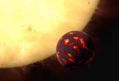 표면이 모두 녹은 마그마 행성의 모습을 하고 있는 게자리 55e를 표현한 그림. 이미지=NASA/Wikimedia commons