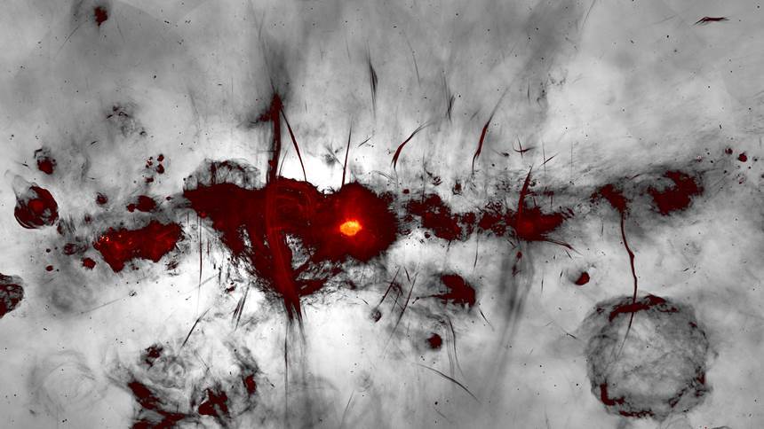 미어캣(MeerKAT) 관측으로 발견한 우리 은하 중심 전파 필라멘트의 분포. 사진=I. Heywood, SARAO