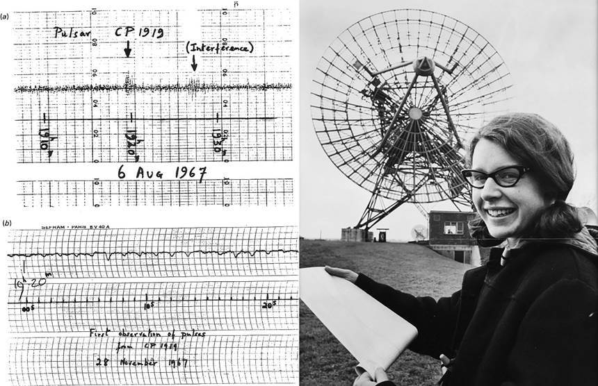 조셀린 벨 버넬(오른쪽)과 그가 관측한 전파 펄스 신호(왼쪽). 사진=University of Cambridge
