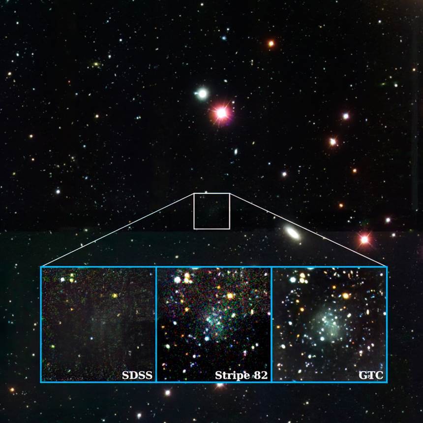 추가 관측을 통해 존재가 확인된 아주 어둡고 흐릿한 왜소은하 ‘누베’. 사진=GTC/Mireia Montes