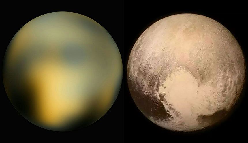 왼쪽은 허블 우주망원경으로 찍은 명왕성. 저화질의 뿌연 모습이다. 오른쪽은 최근 뉴호라이즌스 탐사선이 직접 명왕성 곁을 지나가면서 확인한 명왕성의 실제 모습이다. 사진=Alan Stern(Southwest Research Institute), Marc Buie(Lowell Observatory), NASA and ESA
