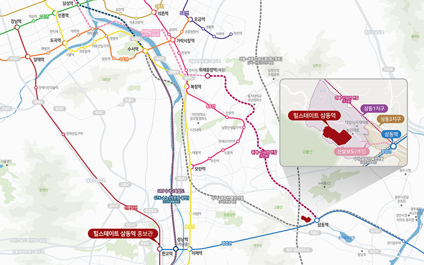힐스테이트 삼동역은 경기 광주시 삼동역을 도보로 이용할 수 있는 역세권 단지로, 역세권 프리미엄도 기대해볼 수 있다. 힐스테이트 삼동역 위치도. 사진=현대건설 제공