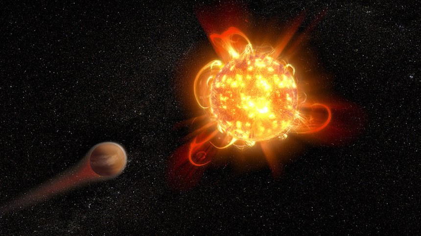 중심에 아주 강한 자기장과 우주 방사선을 방출하는 별을 두고 있다면 그 곁의 행성에서는 생명체가 살기 어려울 것이다. 이미지=NASA/JPL-Caltech/R. Hurt (SSC)