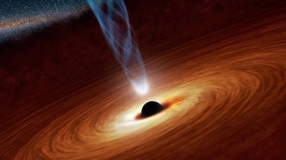 블랙홀 주변에서 빛조차 빠져나오지 못하게 되는 경계 사건의 지평선이 검은 구로 표현되어 있다. 그 주변에는 빨려들어가는 물질이 맴돌고 있는 강착 원반이 형성된다. 이미지=NASA/JPL-Caltech