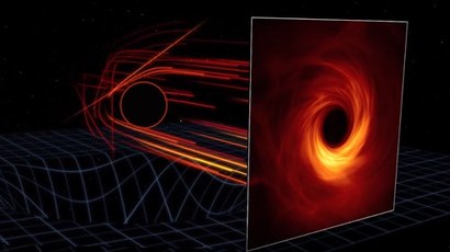 블랙홀 주변에서 강하게 왜곡된 시공간을 따라 빛의 경로가 휘면서 날아오는 모습을 표현한 그림. 이러한 과정을 거쳐 우리는 블랙홀 주변 광자 고리 바깥에서 날아오는 빛들만 볼 수 있다. 이미지=Harvard & Smithsonian