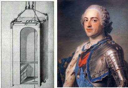 루이 15세와 그가 썼던 엘리베이터. 1743년 루이 15세는 베르사유에 있던 궁전에 전용 엘리베이터를 만들었다. 당시 이 장치는 ‘날아다니는 의자(Flying Chair)’라고 불렀다. 이처럼 아주 소수의 왕족과 귀족의 편의를 위해서만 잠깐씩 이용했을 뿐, 지금처럼 엘리베이터가 일반적인 건물에서 사용되기까지는 아주 오랜 시간이 걸렸다. 이미지=Wikimedia commons