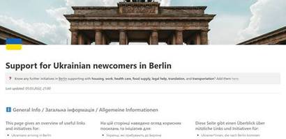 베를린의 숙박, 교통, 의료, 법률 지원 등을 알려주는 웹페이지. 사진=berlin4ukraine.notion.site/