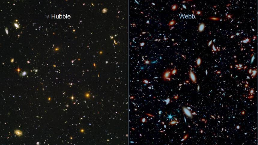 허블 망원경으로 찍은 사진(왼쪽)과 제임스 웹이 보게 될 사진(오른쪽)을 시뮬레이션해서 비교한 그림. 이미지=ESA/NASA/STSCI