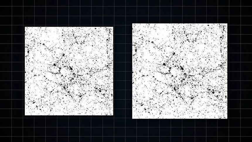 우주 속 은하들의 분포 지도를 간단하게 표현한 그림. 왼쪽은 아직 팽창을 덜 했을 때 우주 전체 규모가 작았을 때, 오른쪽은 팽창이 조금 진행된 후 우주 전체 규모가 좀 더 커졌을 때의 모습이다.