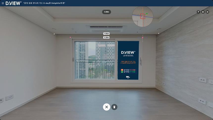 D.VIEW는 360도 VR을 통해 세대 내부를 둘러볼 수 있을 뿐만 아니라 원하는 부위를 클릭해 길이, 높이, 깊이 등을 손쉽게 측정할 수 있다. 사진=DL이앤씨 제공