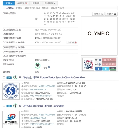 국제올림픽위원회는 올림픽을 포함하는 상표를 원천적으로 차단하기 위해 'OLYMPIC' 상표(위)를 등록해 놓았다. 뿐만 아니라 상표법은 업무표장(아래)를 제외하고 올림픽을 포함하는 상표 등록을 금지한다. 자료=특허청 키프리스