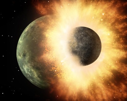 현재까지 지구와 달의 형성 과정을 가장 잘 설명하는 건 대충돌 가설이다. 오래전 지구에 충돌한 고대 행성을 테이아라고 부른다. 이미지=NASA