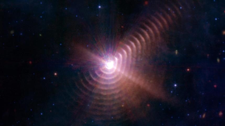 제임스 웹으로 관측한 WR140 별과 그 주변 먼지 고리. 사진=NASA, ESA, CSA, STScI, JPL-Caltech