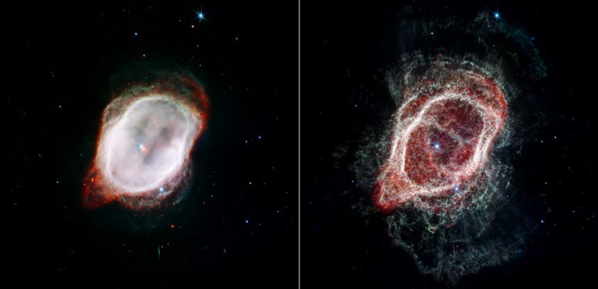 제임스 웹으로 관측한 남반구 고리 성운 속의 이온화된 원자들의 분포. 성운 중앙에 더 가까이 좁게 모여 있는 것을 확인할 수 있다(왼쪽). 수소 분자는 성운 외곽 훨씬 먼 곳까지 복잡하게 퍼져 있다(오른쪽). 사진=NASA, ESA, CSA, and O. De Marco(Macquarie University)/Image processing: J. DePasquale(STScI)