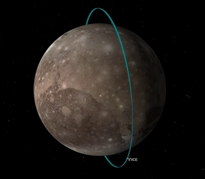가니메데 주변을 맴도는 주스의 궤도. 사진=ESA