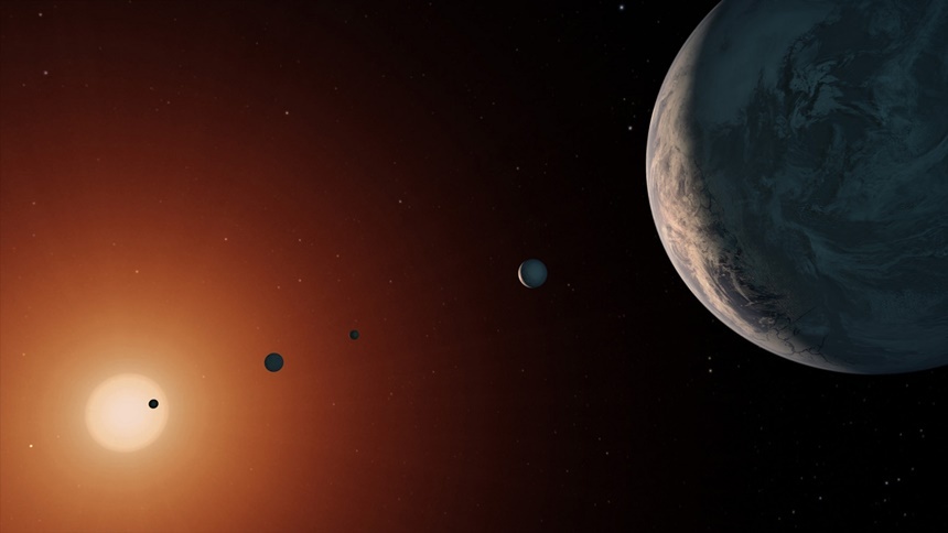 TRAPPIST-1 별 주변을 도는 행성들의 모습을 표현한 상상도. 사진=NASA/JPL-Caltech