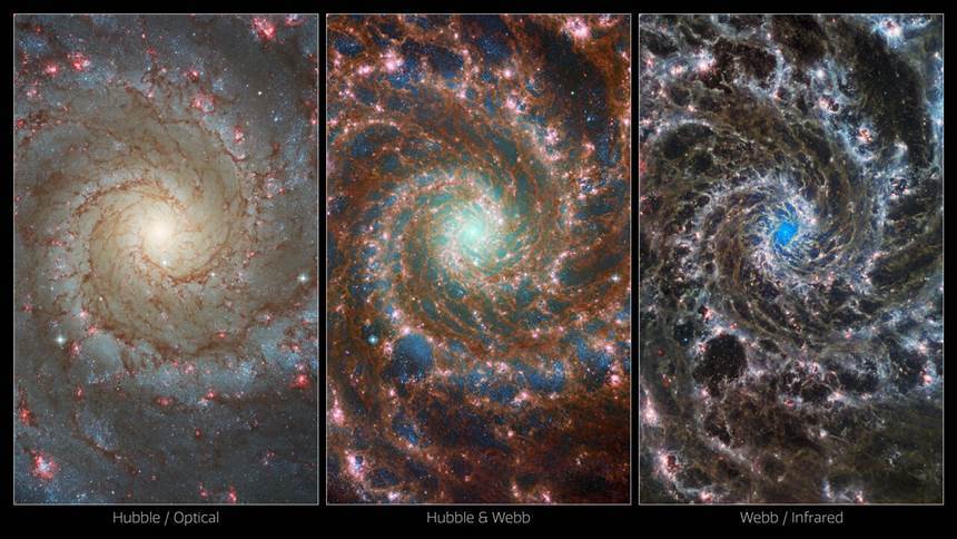 허블 우주망원경과 제임스 웹 우주망원경으로 찍은 M74 은하. 왼쪽부터 순서대로 허블로 찍은 가시광 사진, 허블로 찍은 가시광 사진과 제임스 웹으로 찍은 적외선 사진을 합친 사진, 제임스 웹으로 찍은 적외선 사진. 사진=ESA/Webb, NASA & CSA, J. Lee and the PHANGS-JWST Team