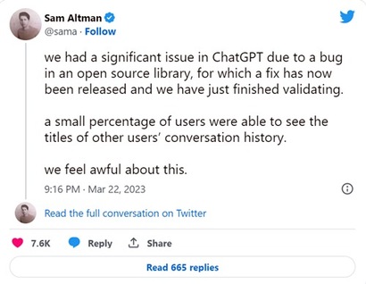 오픈에이아이 창업자 샘 알트만(Sam Altman)은 트위터에서 “실수로 소수의 사용자에게 다른 사용자와의 대화에서 AI가 생성한 제목이 노출되었다. 이를 끔찍한 일이라고 느낀다”고 밝혔다. 사진=샘 알트만 트위터 캡처