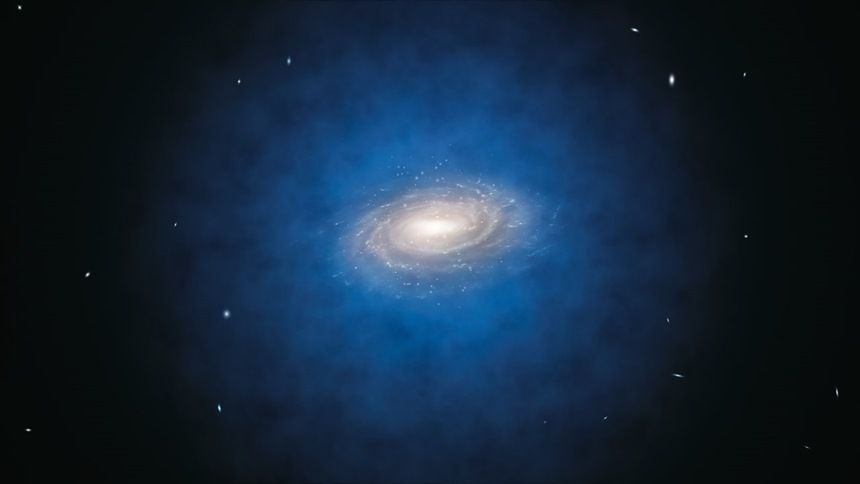 은하 헤일로를 펑퍼짐하게 채우고 있는 암흑 물질의 분포만으로는 이번에 관측된 중력 렌즈를 모두 재현할 수 없다. 사진=ESO/L. Calçada