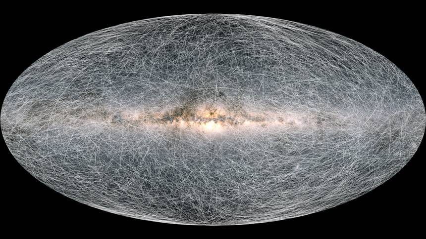 가이아로 관측한 우리 은하 속 4만여 개 별들이 움직이는 궤적을 표현한 그림. 이미지=ESA/Gaia/DPAC